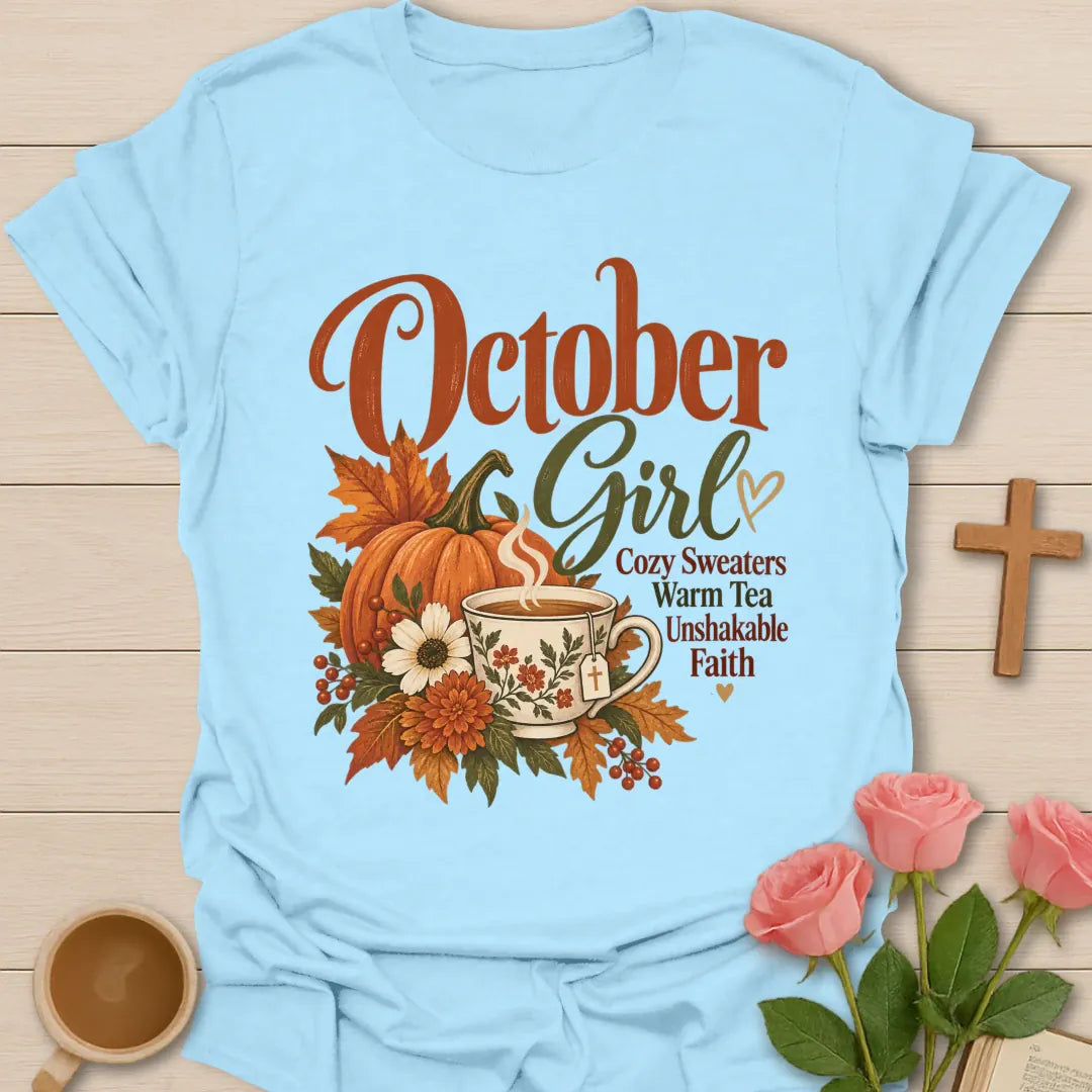 October Girl Cozy Sweaters Warm Tea Unshakable Faith t-shirt with a pumpkin, autumn leaves, flowers and a steaming floral teacup - Light Blue