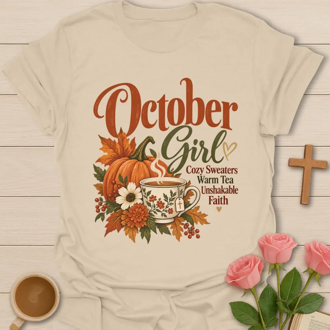 October Girl Cozy Sweaters Warm Tea Unshakable Faith t-shirt with a pumpkin, autumn leaves, flowers and a steaming floral teacup - Sand