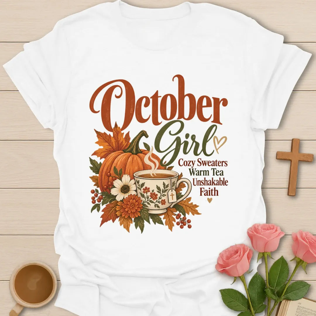 October Girl Cozy Sweaters Warm Tea Unshakable Faith t-shirt with a pumpkin, autumn leaves, flowers and a steaming floral teacup - White