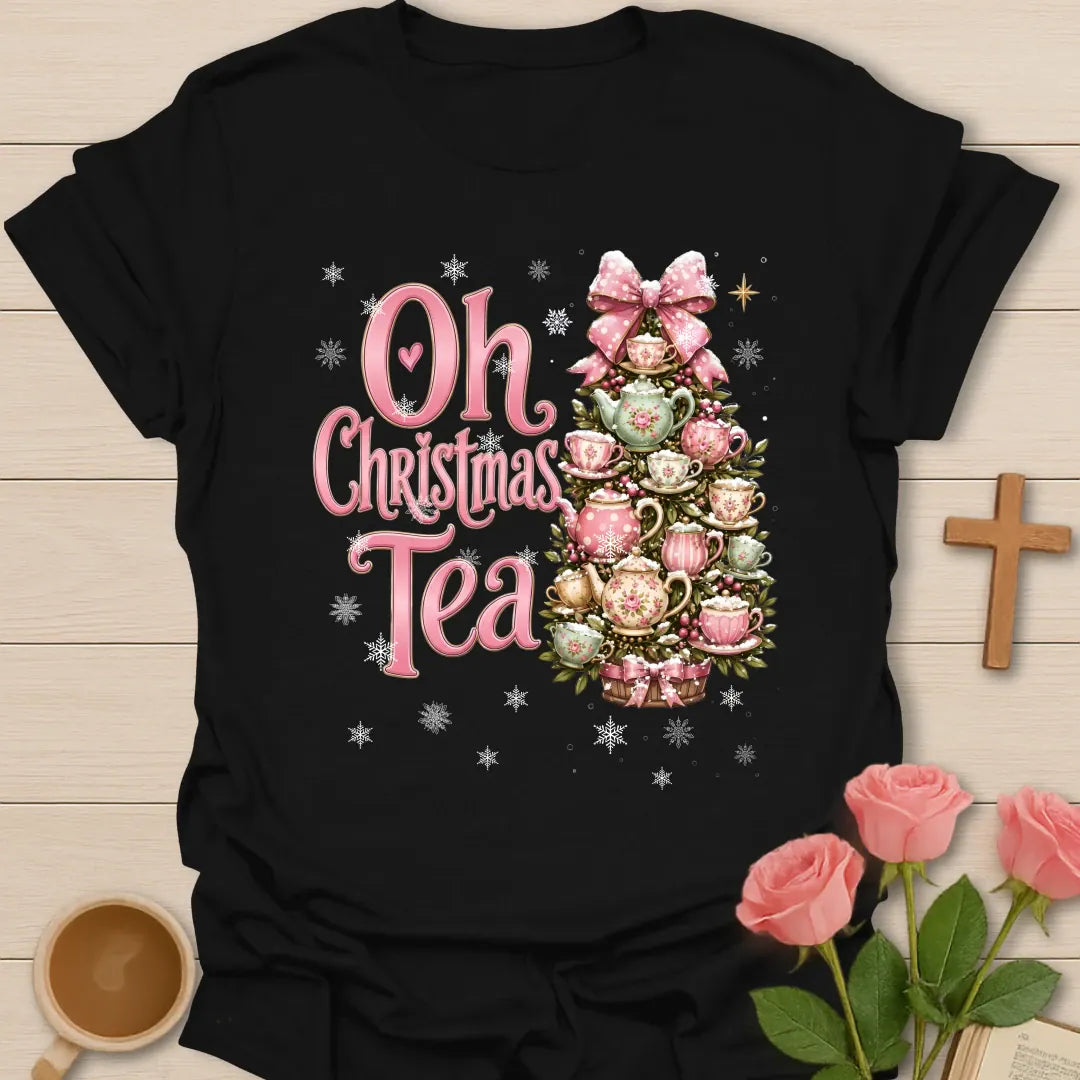 Oh Christmas Tea T-shirt with pink floral teacup and teapot Christmas tree - Black