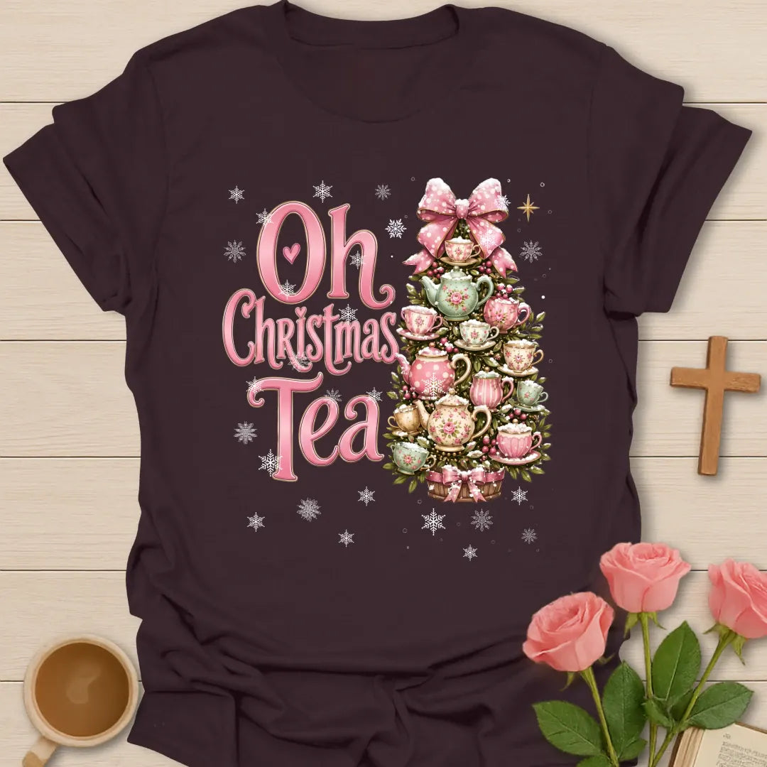 Oh Christmas Tea T-shirt with pink floral teacup and teapot Christmas tree - Dark Chocolate