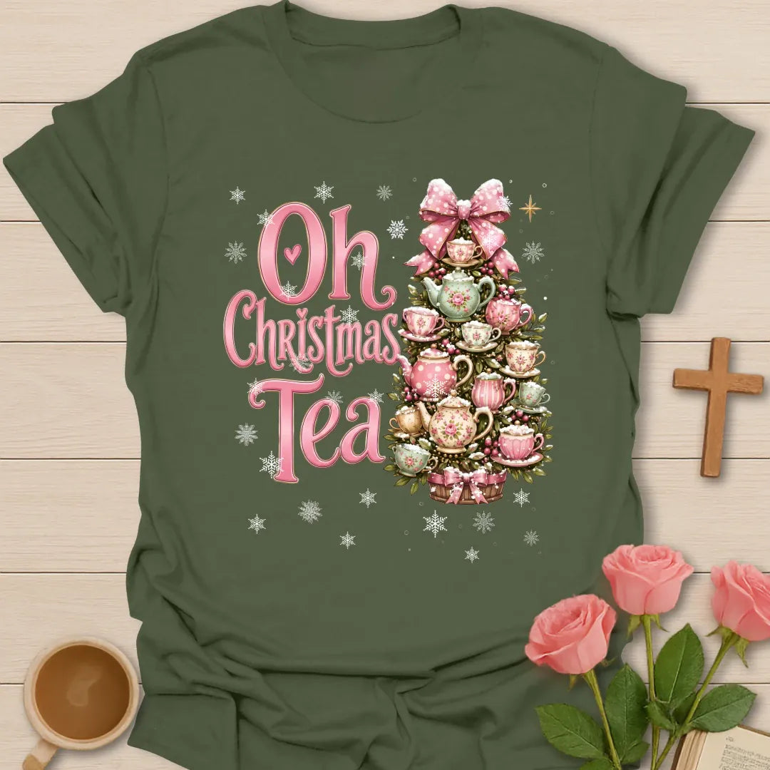 Oh Christmas Tea T-shirt with pink floral teacup and teapot Christmas tree - Military Green