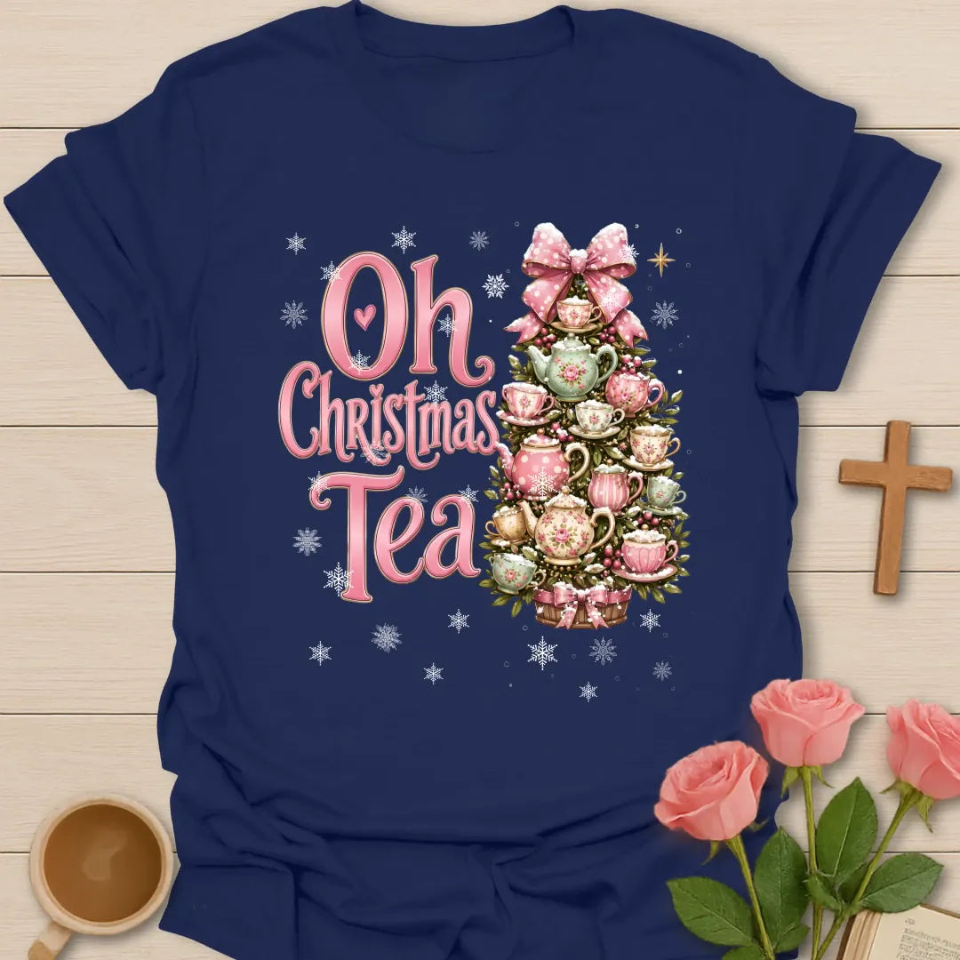 Oh Christmas Tea T-shirt with pink floral teacup and teapot Christmas tree - Navy