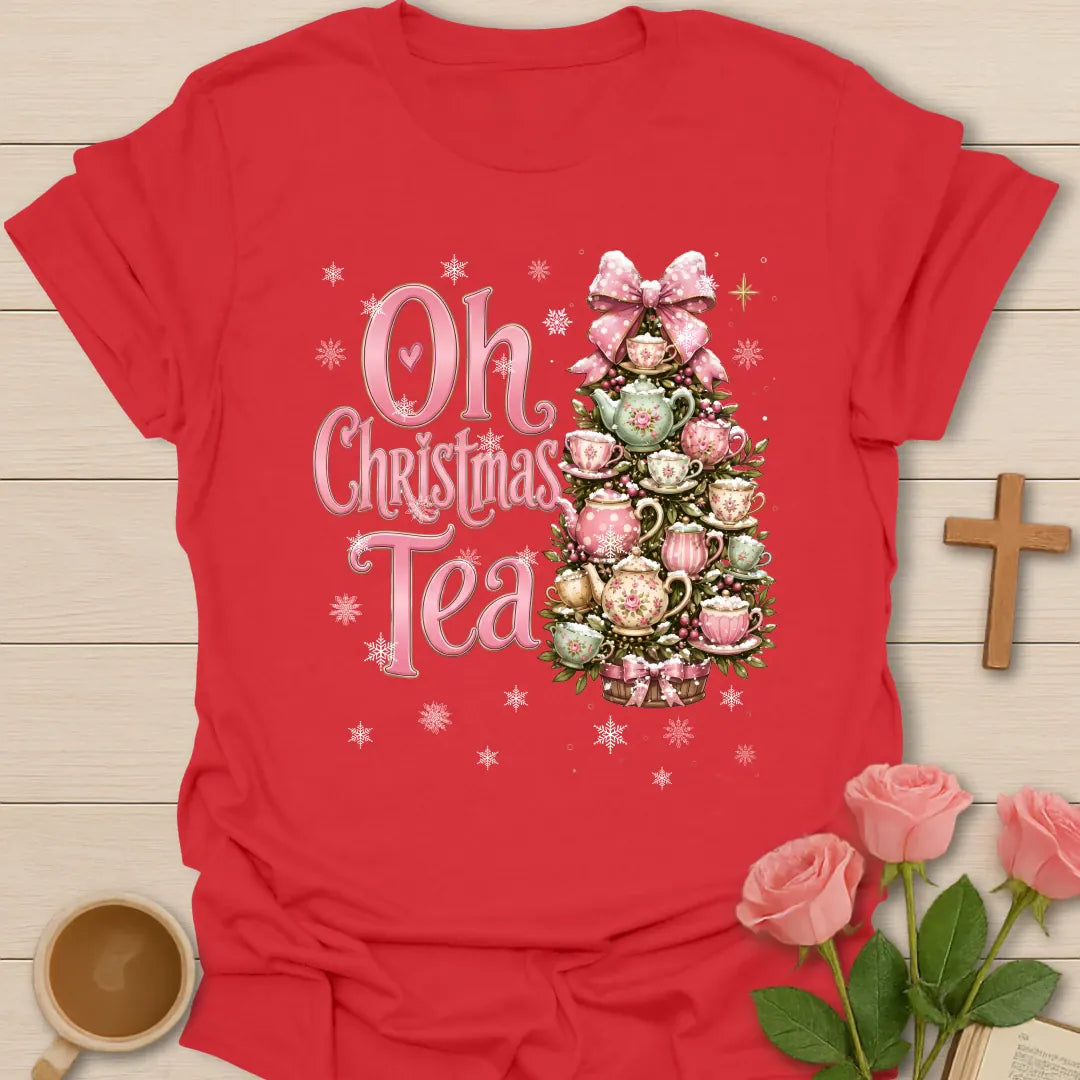 Oh Christmas Tea T-shirt with pink floral teacup and teapot Christmas tree - Red