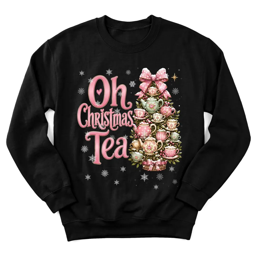 Oh Christmas Tree sweatshirt with decorated tree and faith-inspired holiday lettering - Black