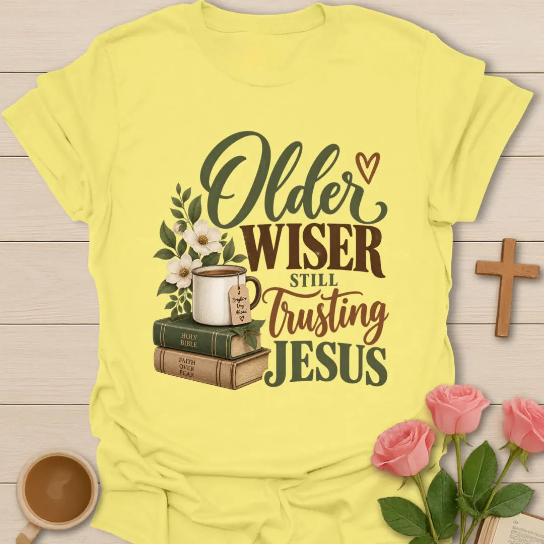 Older Wiser funny Christian t-shirt with playful faith-inspired lettering - Cornsilk