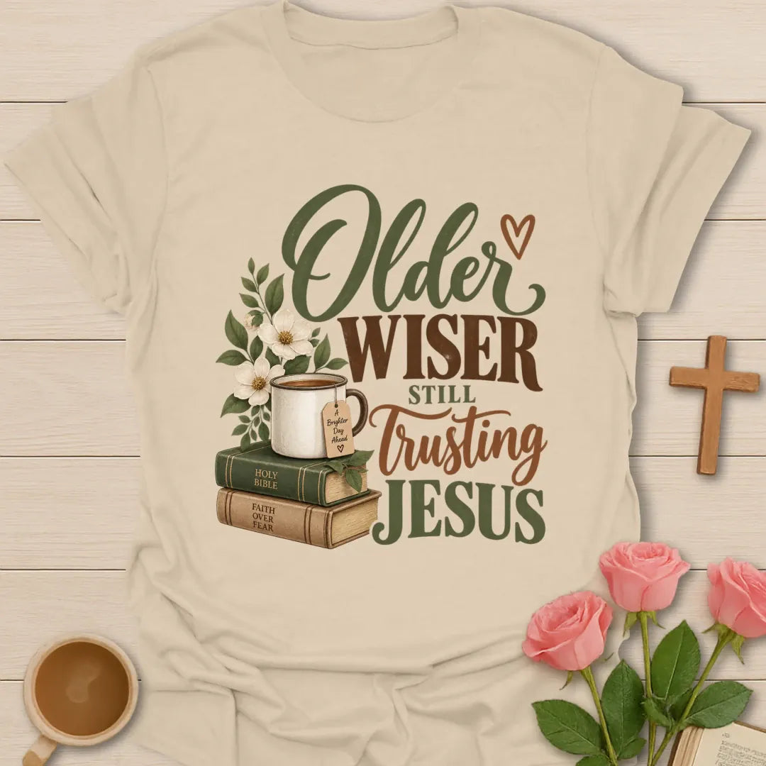 Older Wiser funny Christian t-shirt with playful faith-inspired lettering - Sand