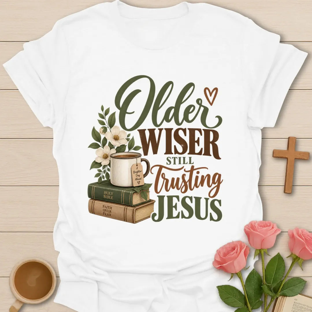 Older Wiser funny Christian t-shirt with playful faith-inspired lettering - White