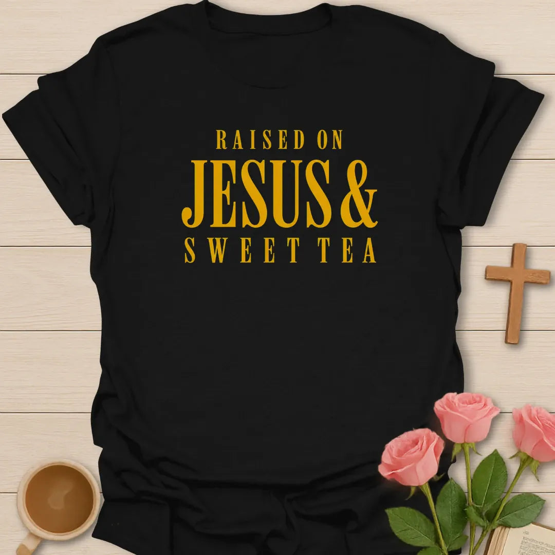 On Jesus and Sweet Tea shirt with mason jar sweet tea, cross, and cream vintage lettering. - Black
