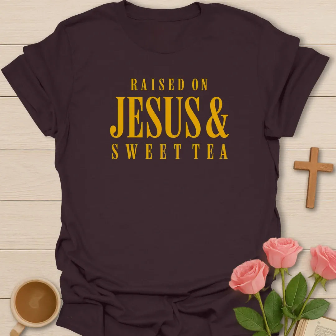 On Jesus and Sweet Tea shirt with mason jar sweet tea, cross, and cream vintage lettering. - Dark Chocolate