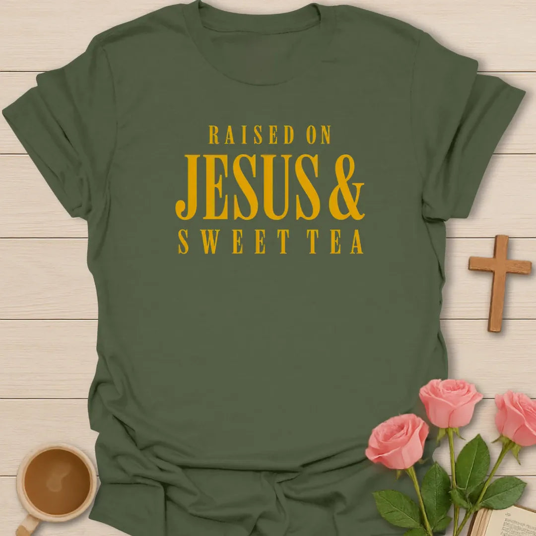 On Jesus and Sweet Tea shirt with mason jar sweet tea, cross, and cream vintage lettering. - Military Green