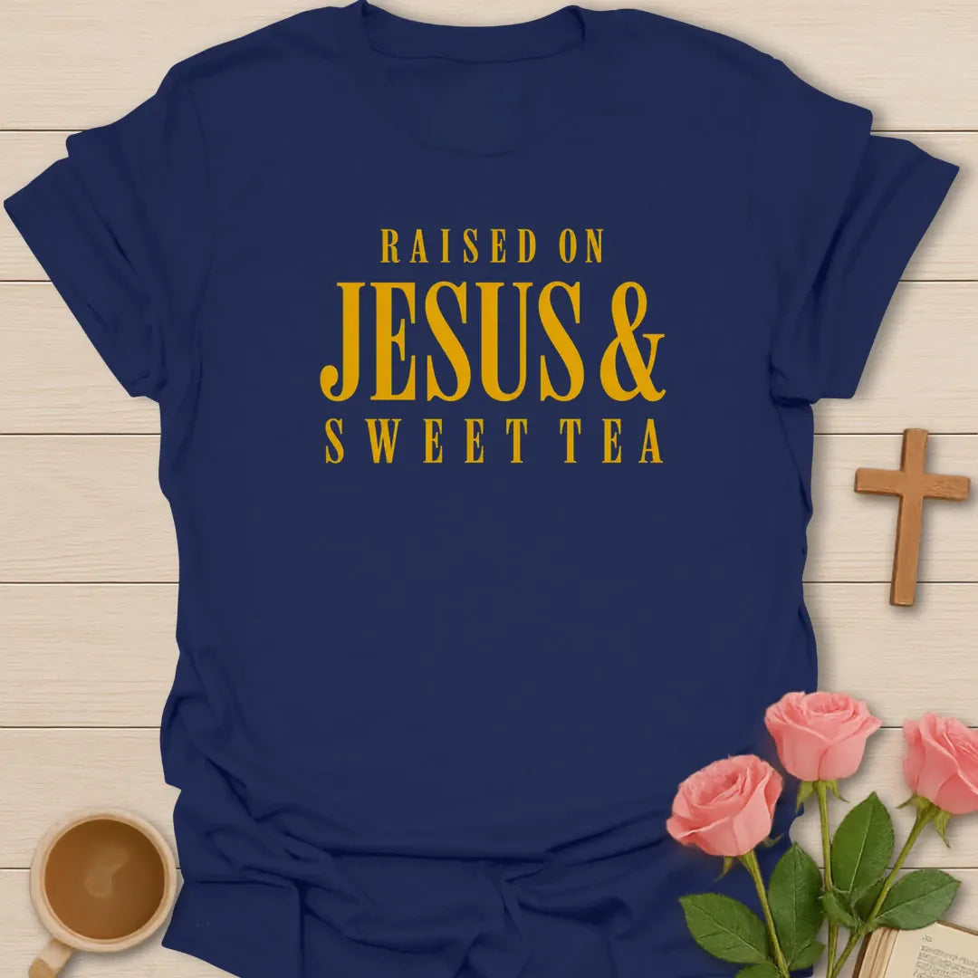 On Jesus and Sweet Tea shirt with mason jar sweet tea, cross, and cream vintage lettering. - Navy