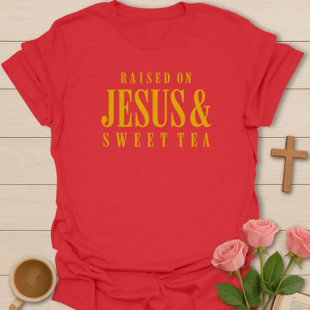 On Jesus and Sweet Tea shirt with mason jar sweet tea, cross, and cream vintage lettering. - Red