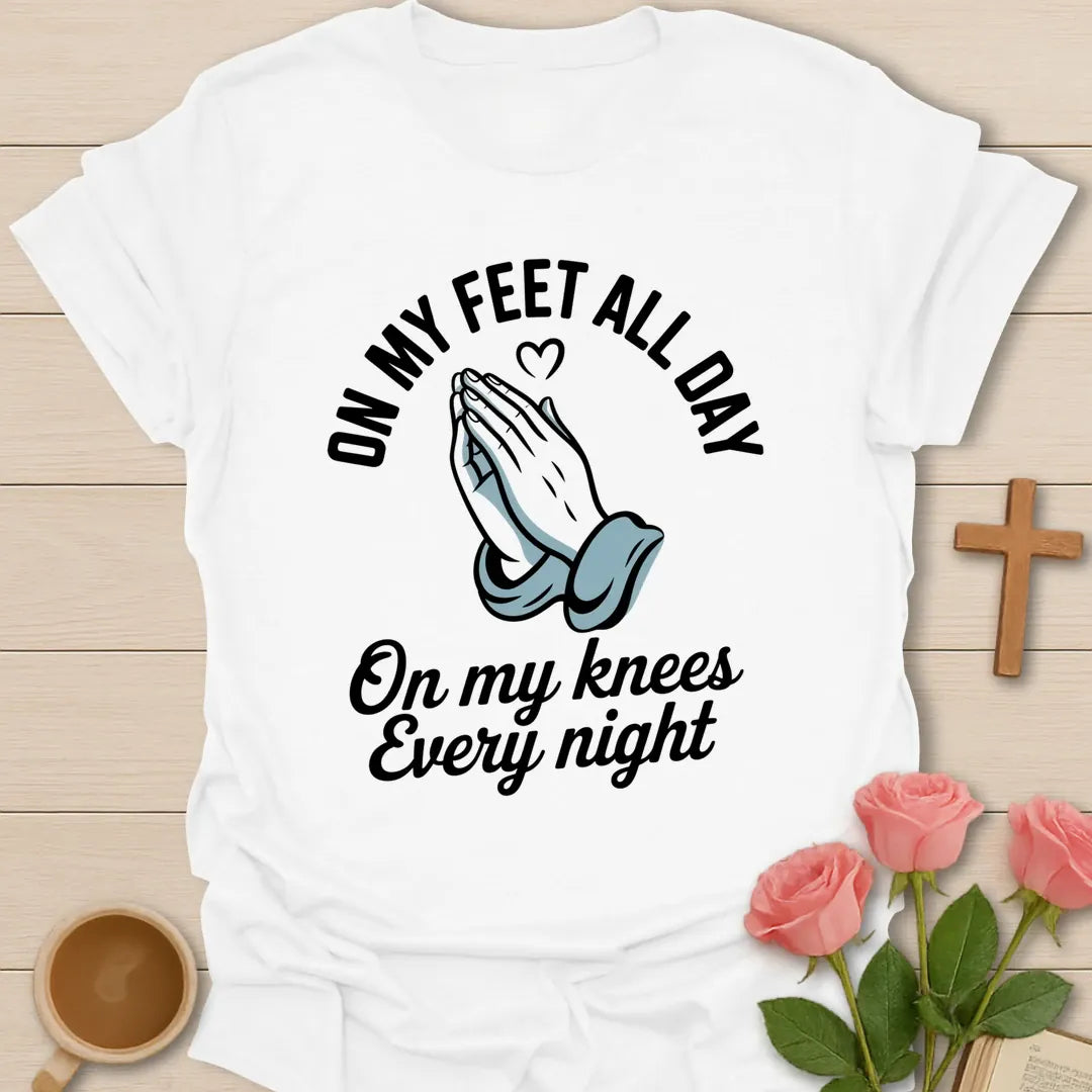 On My Feet t-shirt with steady hand-lettered typography and faith design - White