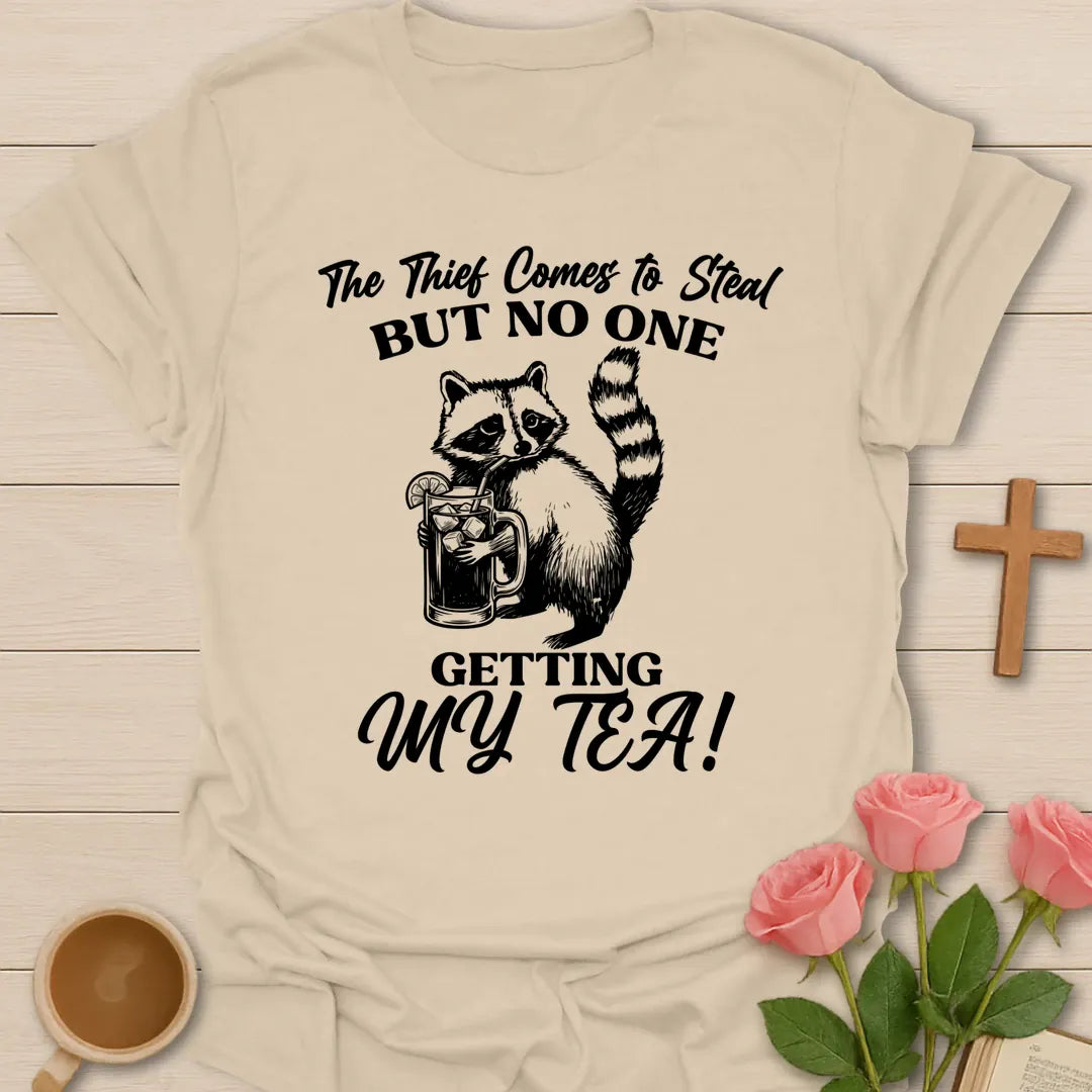 On One Getting My Tea t-shirt with playful tea lettering and faith-inspired design - Sand