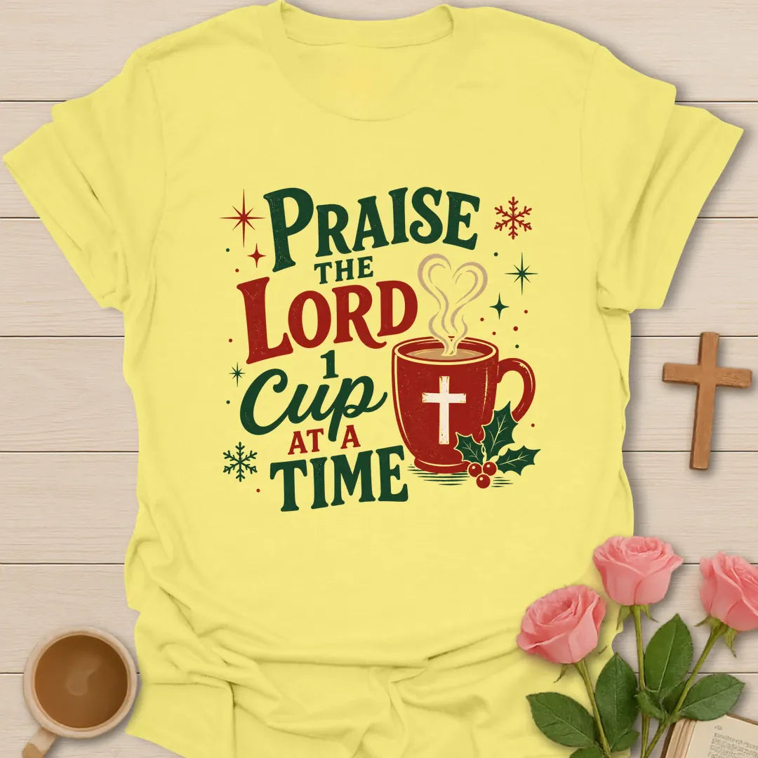 One Cup Christmas t-shirt with festive tea cup lettering and Christmas faith design - Cornsilk