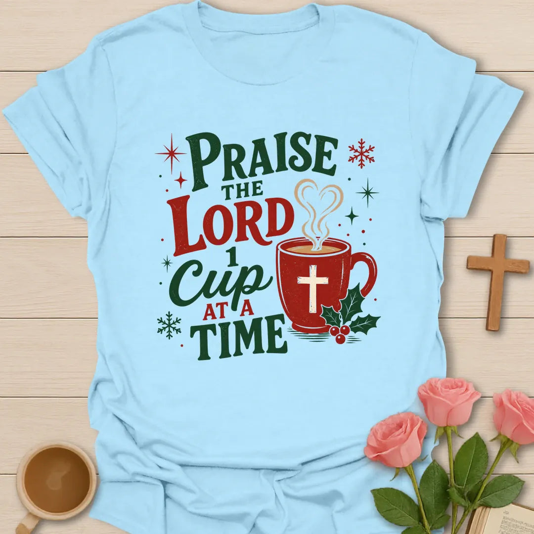 One Cup Christmas t-shirt with festive tea cup lettering and Christmas faith design - Light Blue