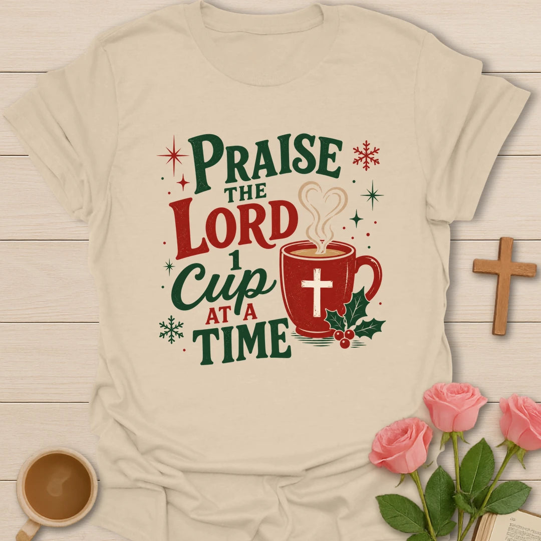 One Cup Christmas t-shirt with festive tea cup lettering and Christmas faith design - Sand