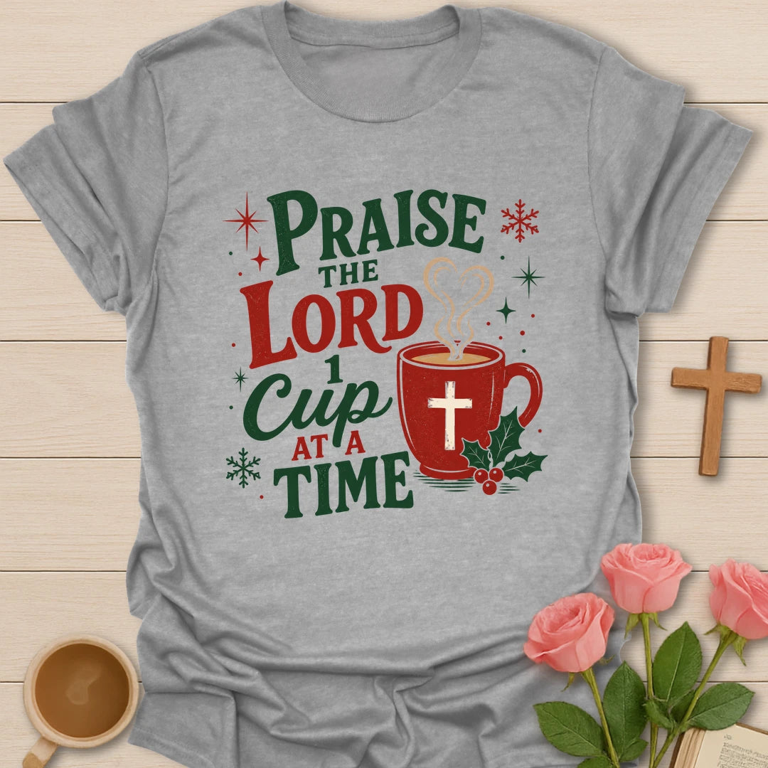 One Cup Christmas t-shirt with festive tea cup lettering and Christmas faith design - Sport Grey