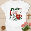 One Cup Christmas t-shirt with festive tea cup lettering and Christmas faith design - White