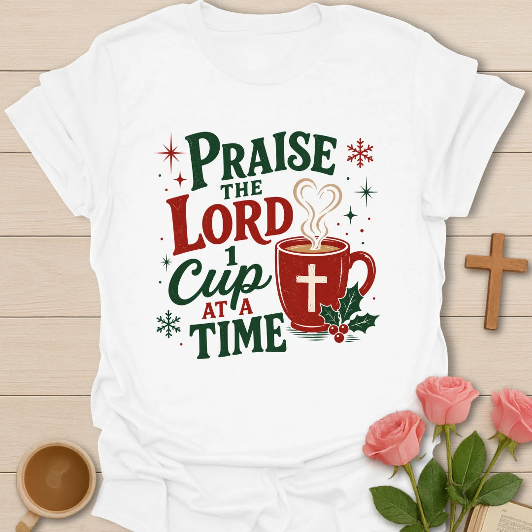 One Cup Christmas t-shirt with festive tea cup lettering and Christmas faith design - White