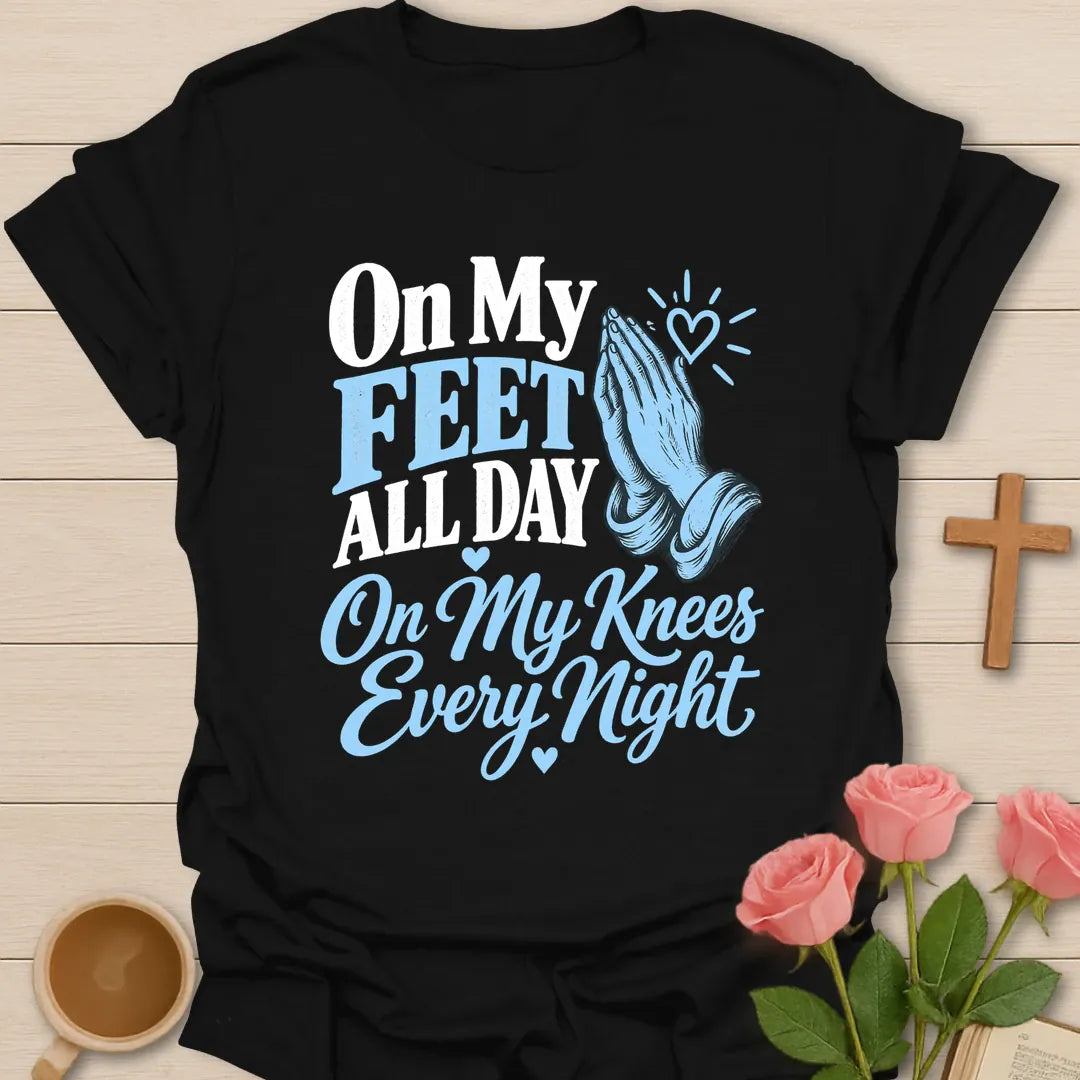 On My Knees t-shirt with prayer lettering and faith-inspired design - Black