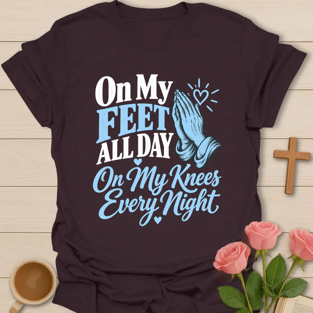 On My Knees t-shirt with prayer lettering and faith-inspired design - Dark Chocolate