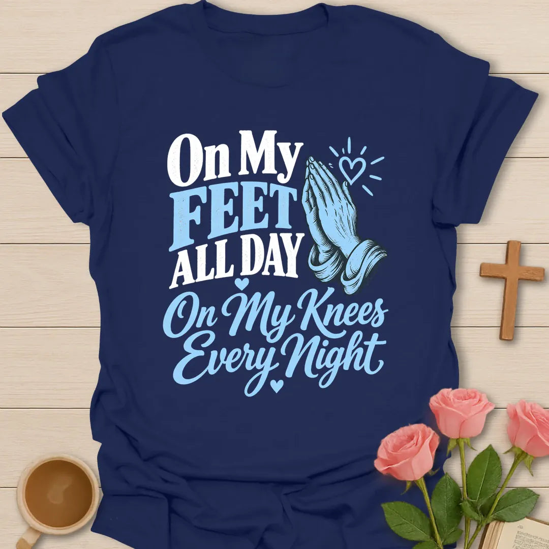 On My Knees t-shirt with prayer lettering and faith-inspired design - Navy