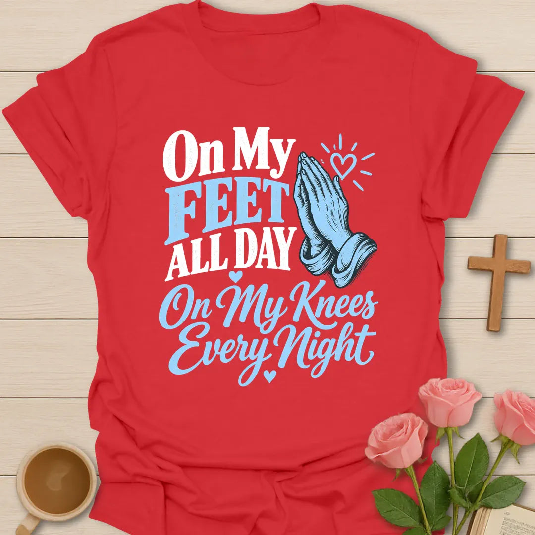 On My Knees t-shirt with prayer lettering and faith-inspired design - Red