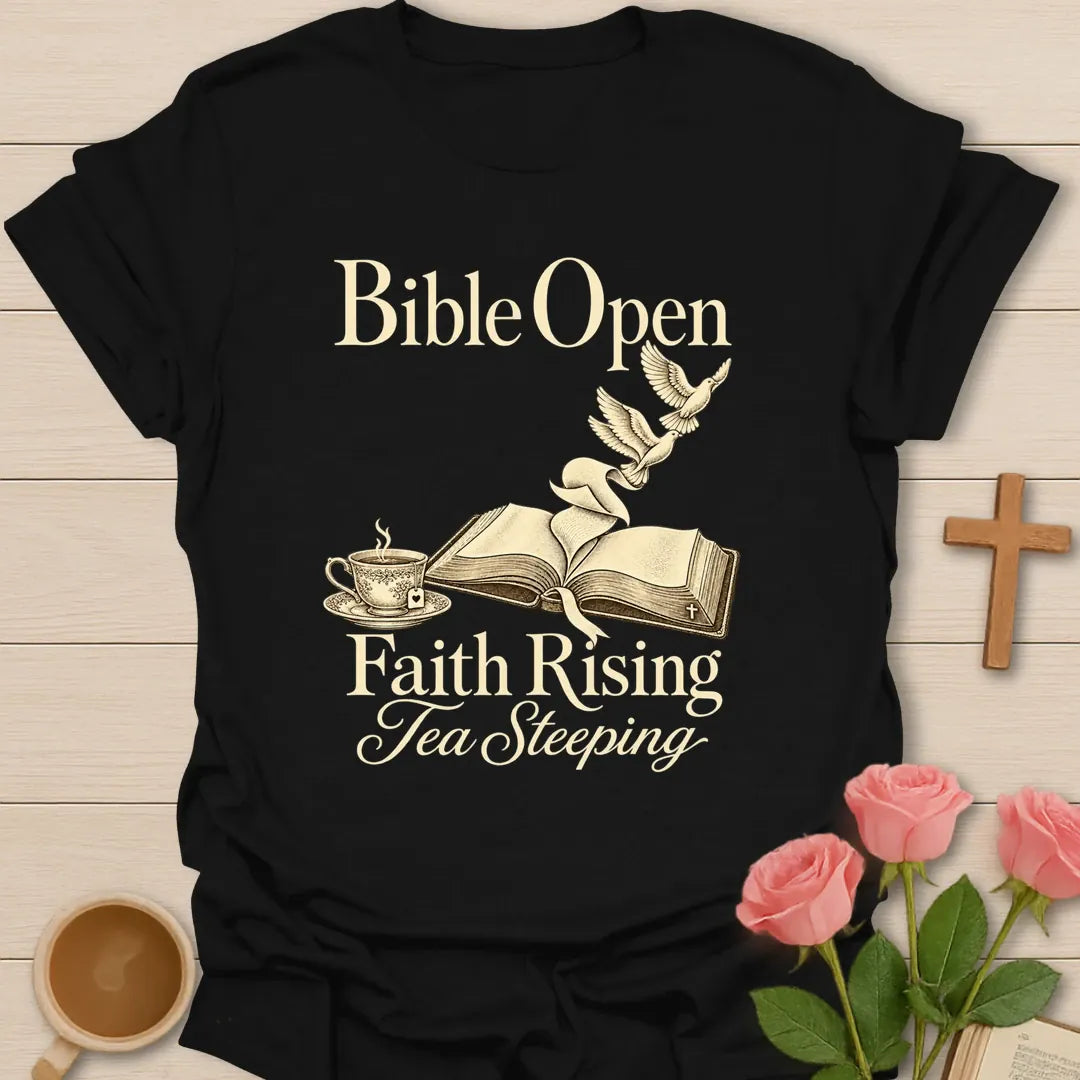 Bible Open Faith Rising Tea Steeping Christian t-shirt with open Bible, dove and vintage teacup - Black