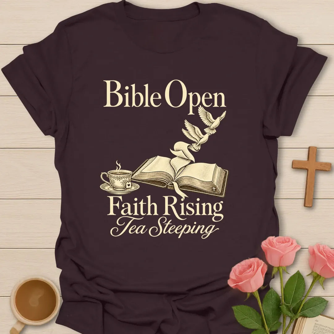 Bible Open Faith Rising Tea Steeping Christian t-shirt with open Bible, dove and vintage teacup - Dark Chocolate