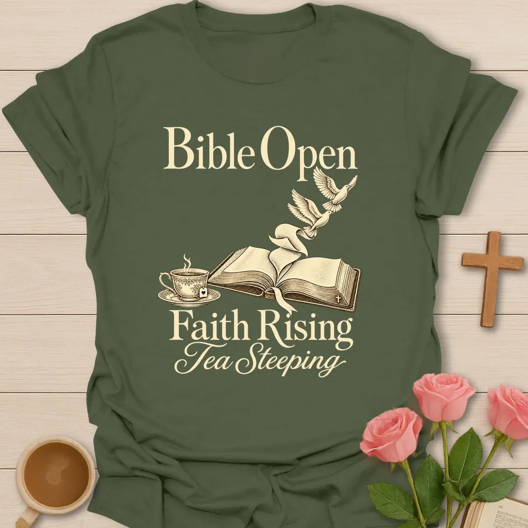 Bible Open Faith Rising Tea Steeping Christian t-shirt with open Bible, dove and vintage teacup - Military Green