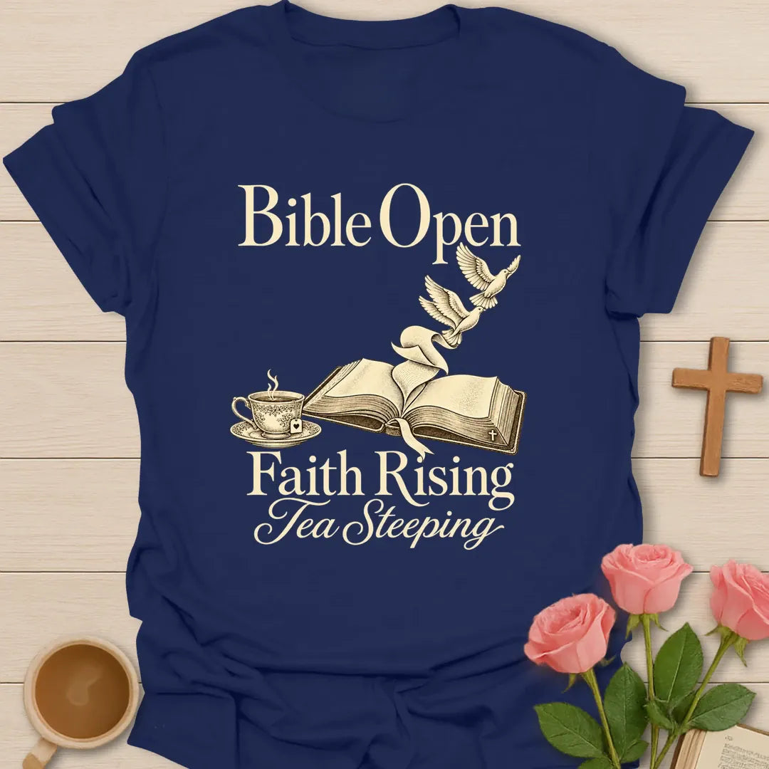 Bible Open Faith Rising Tea Steeping Christian t-shirt with open Bible, dove and vintage teacup - Navy