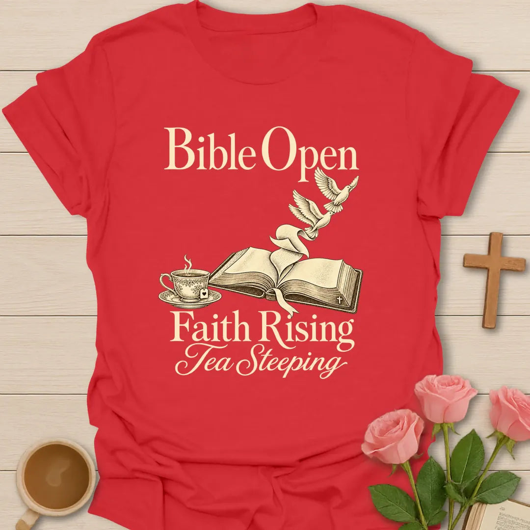 Bible Open Faith Rising Tea Steeping Christian t-shirt with open Bible, dove and vintage teacup - Red