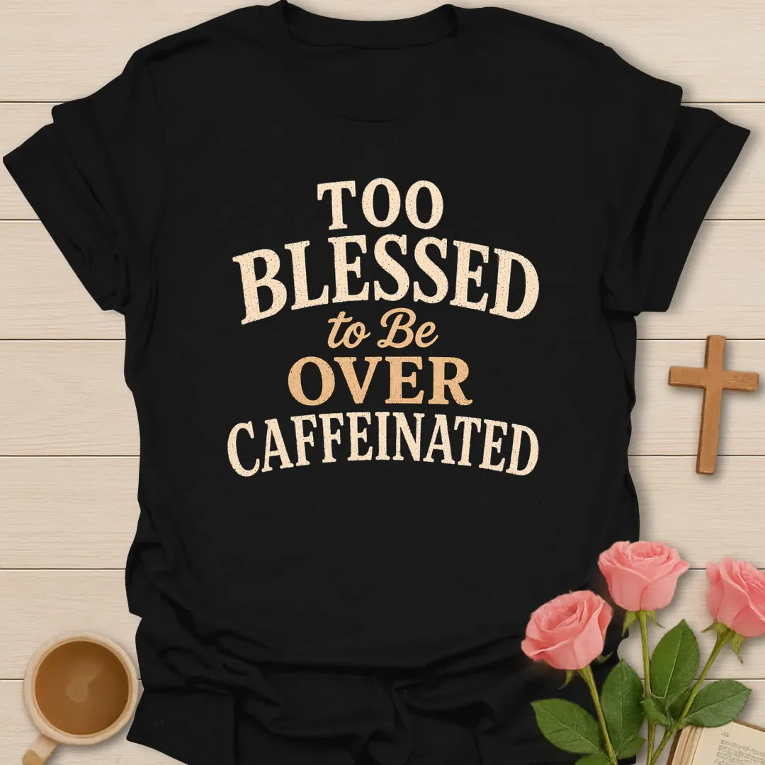 Too Blessed To Be Over Caffeinated t-shirt with bold vintage lettering. - Black