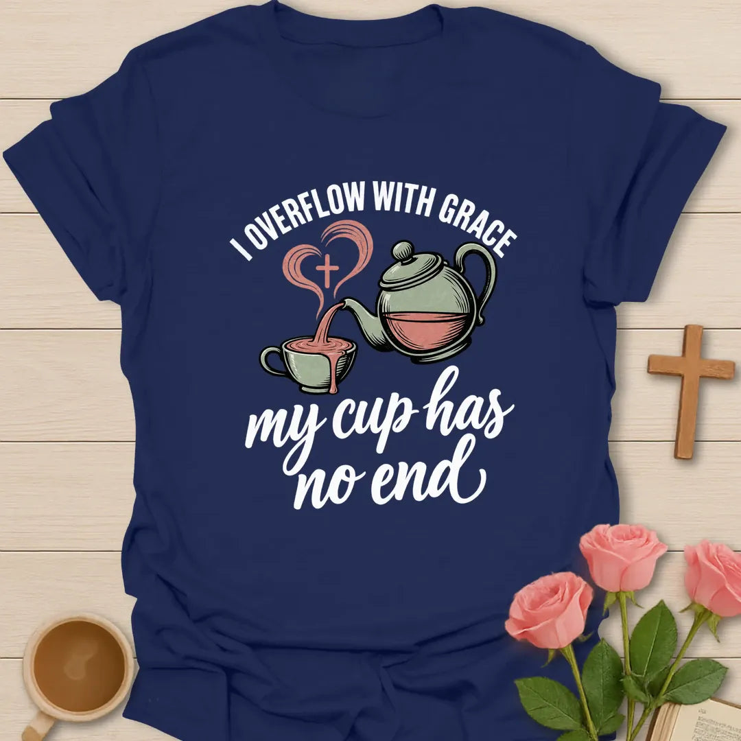 Overflowing Cup shirt with warm lettering and a faith-inspired teacup design. - Navy