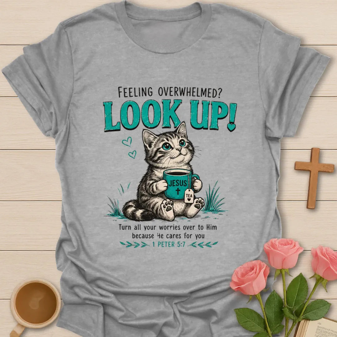Overwhelmed Look Up Kitty Christian t-shirt with a cat and Jesus tea mug design and 1 Peter 5:7 encouragement text - Sport Grey