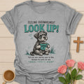 Look Up Christian shirt with cute dog holding Jesus tea mug and 1 Peter 5:7 encouragement text. - Sport Grey