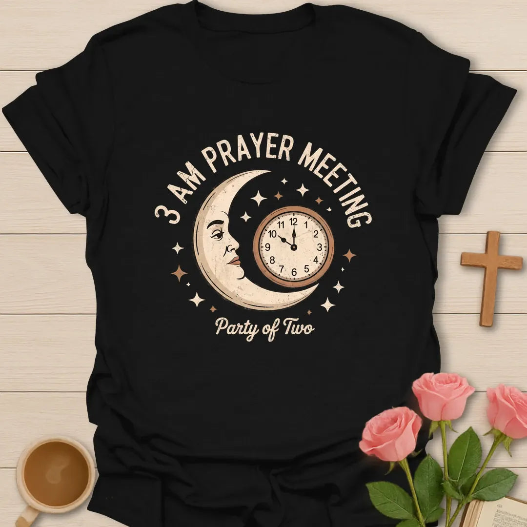 3 AM Prayer Meeting Party Of Two Christian t-shirt with a vintage crescent moon face, clock and stars - Black