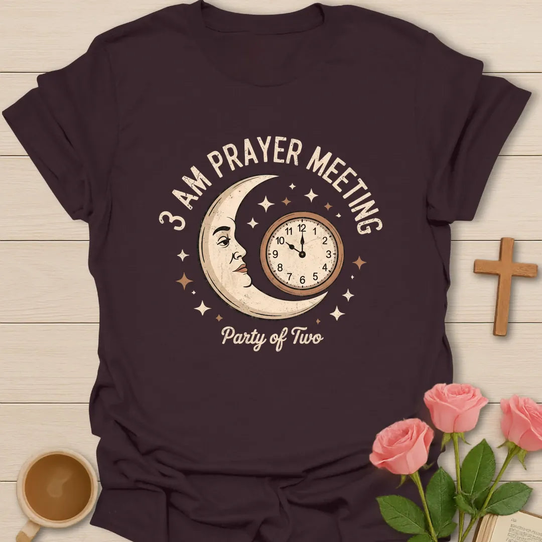 3 AM Prayer Meeting Party Of Two Christian t-shirt with a vintage crescent moon face, clock and stars - Dark Chocolate