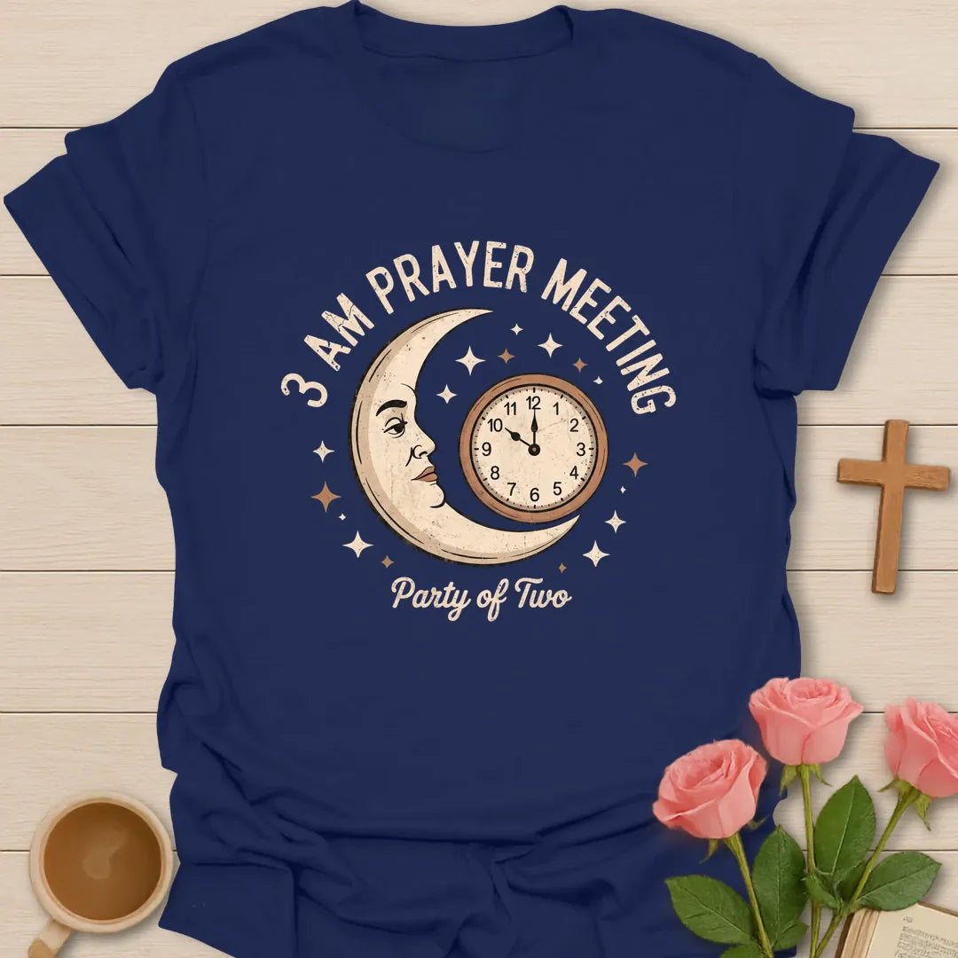 3 AM Prayer Meeting Party Of Two Christian t-shirt with a vintage crescent moon face, clock and stars - Navy