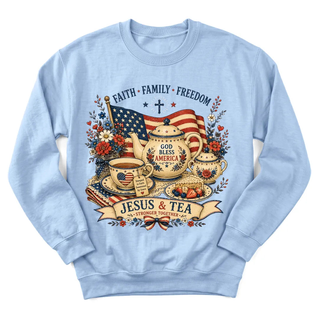 Patriotic Jesus Tea sweatshirt with stars, stripes and teacup design - Light Blue