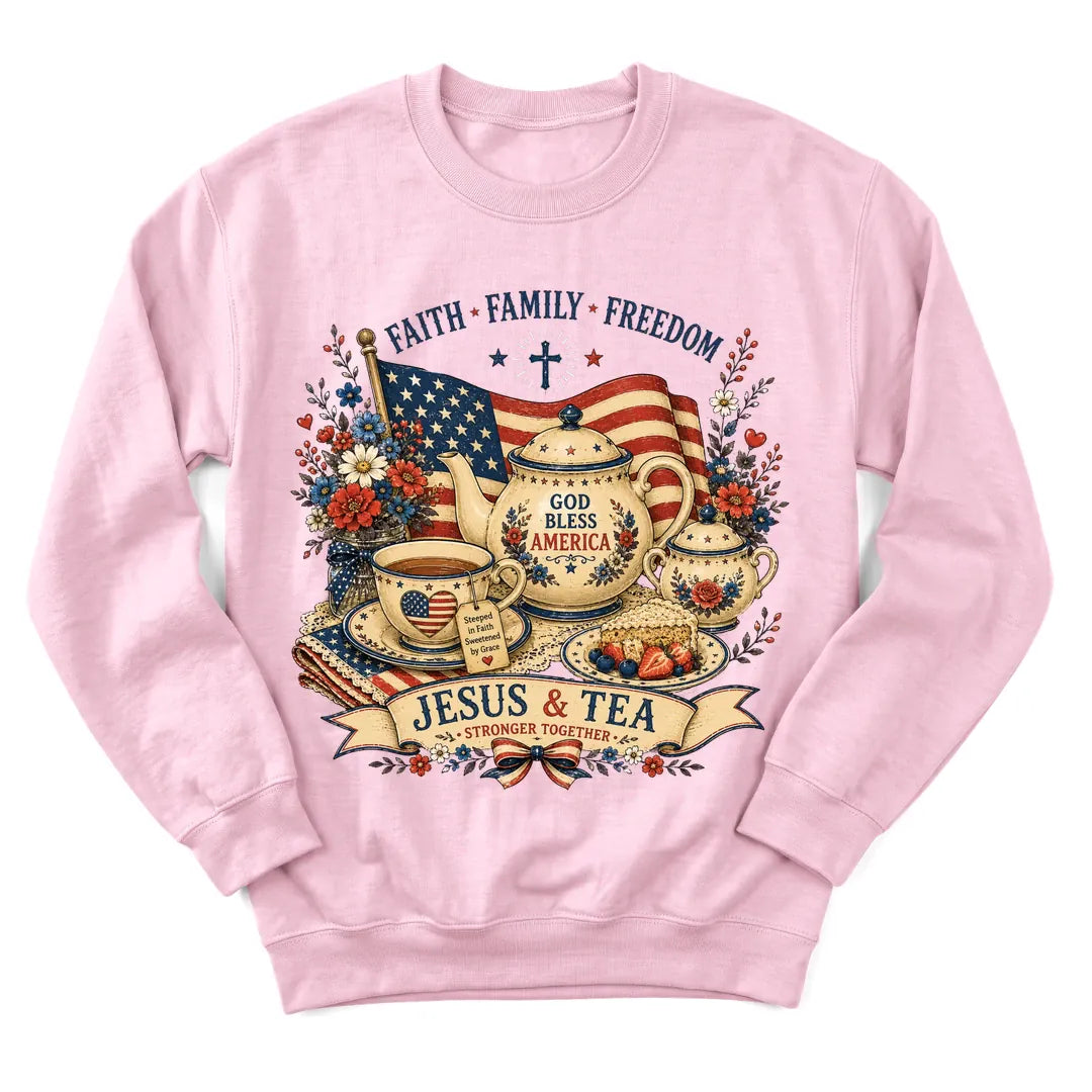 Patriotic Jesus Tea sweatshirt with stars, stripes and teacup design - Light Pink