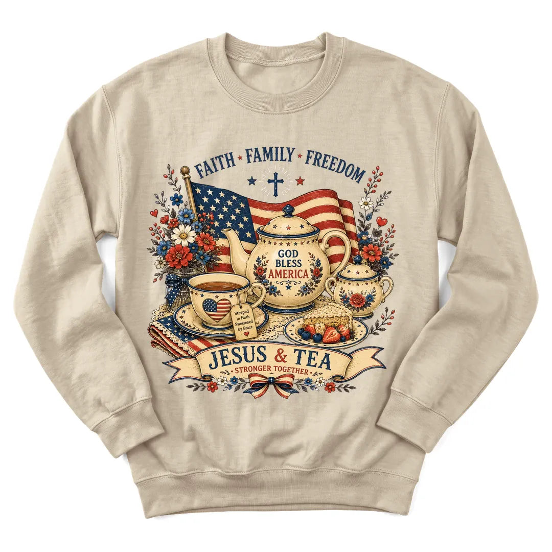 Patriotic Jesus Tea sweatshirt with stars, stripes and teacup design - Sand