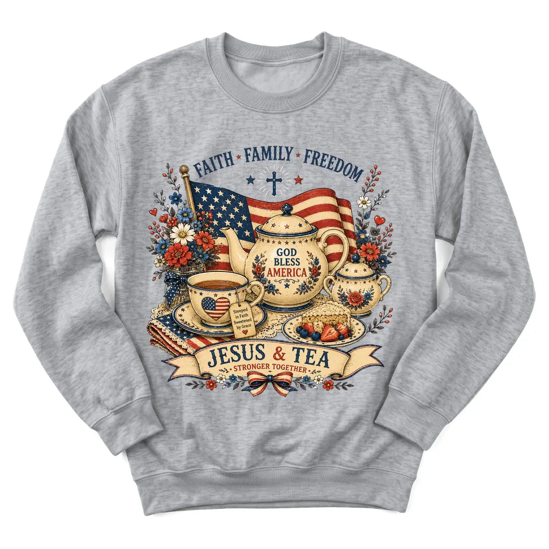 Patriotic Jesus Tea sweatshirt with stars, stripes and teacup design - Sport Grey