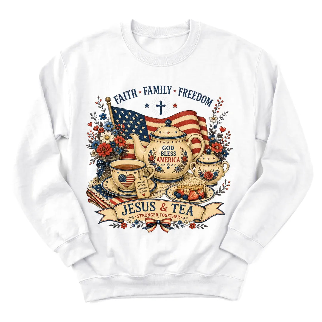 Patriotic Jesus Tea sweatshirt with stars, stripes and teacup design - White