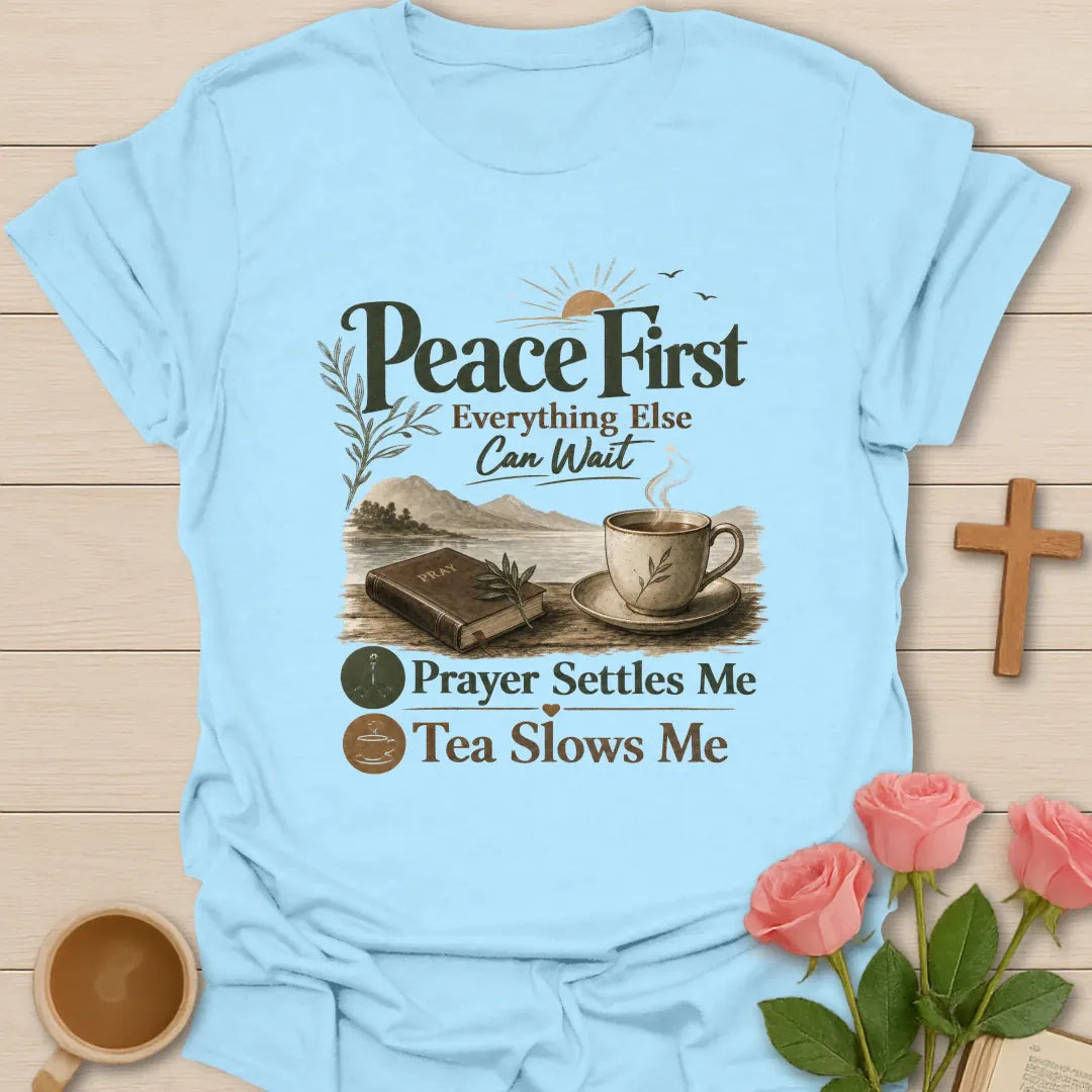 Peace First Christian tea shirt with faith-inspired lettering design - Light Blue