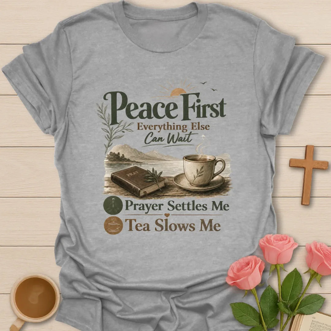Peace First Christian tea shirt with faith-inspired lettering design - Sport Grey