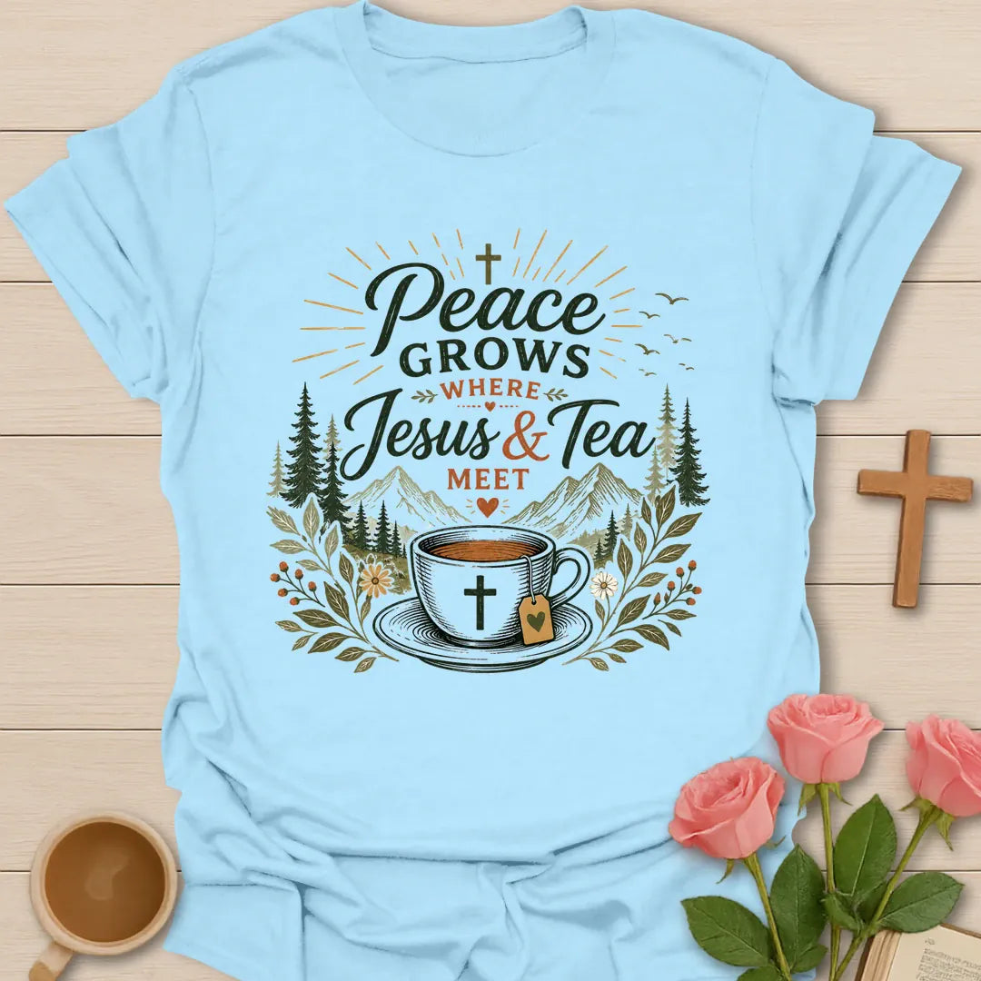 Peace Grows shirt with florals, cross, and cream vintage lettering. - Light Blue