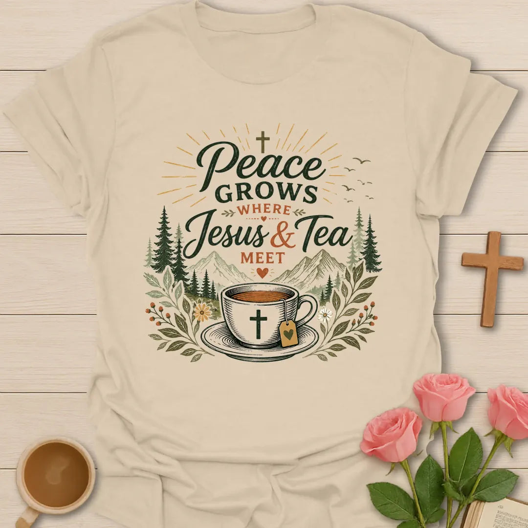 Peace Grows shirt with florals, cross, and cream vintage lettering. - Sand